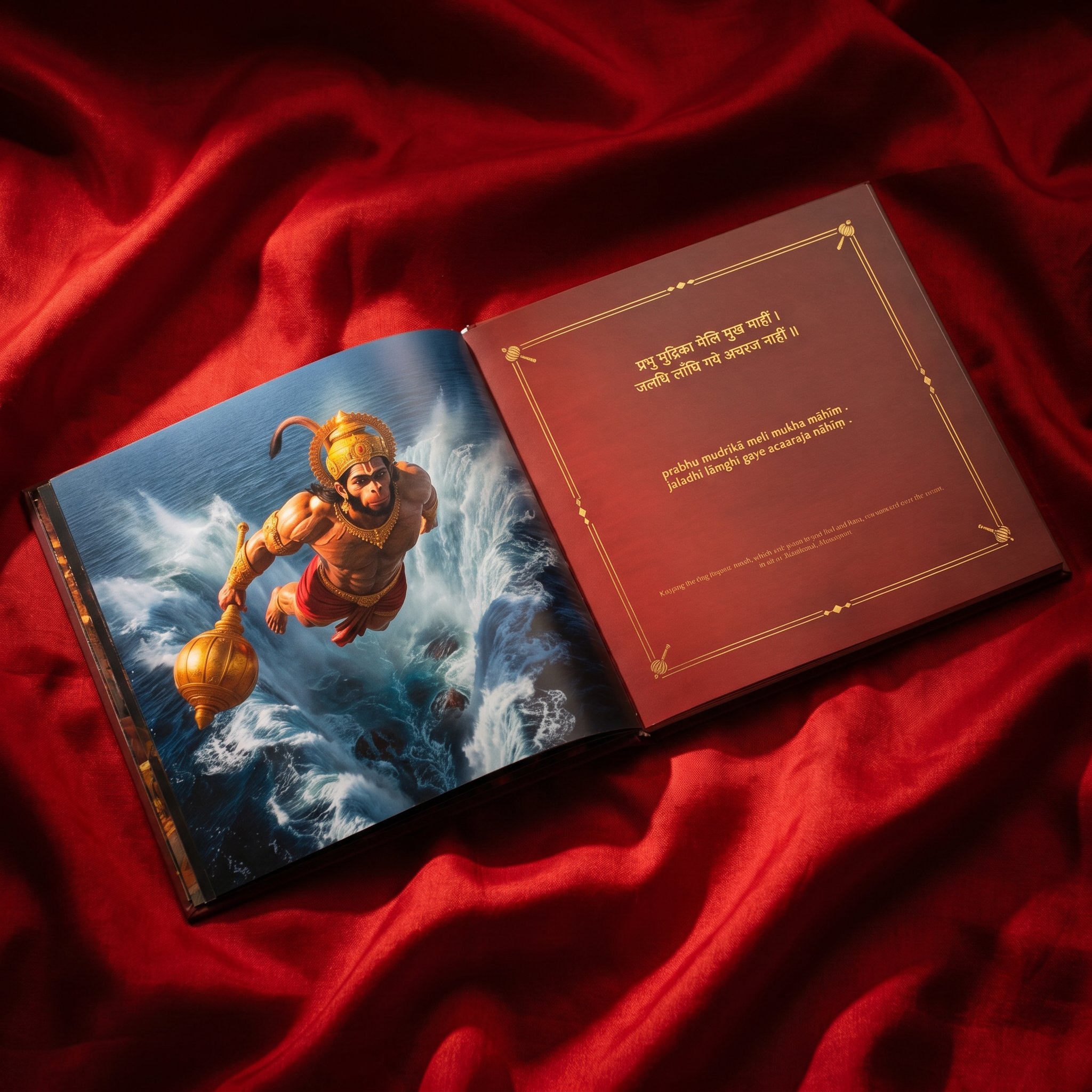 Cinematic chaupai of Hanuman crossing the ocean carrying his gada, from the cinematic Hanuman Chalisa